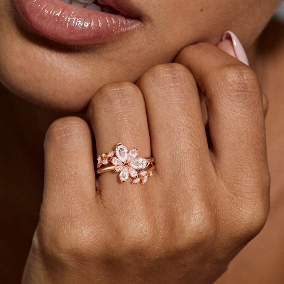 Pear Shaped Asymmetric Floral Cluster Moissanite Bridal Ring Set (2)