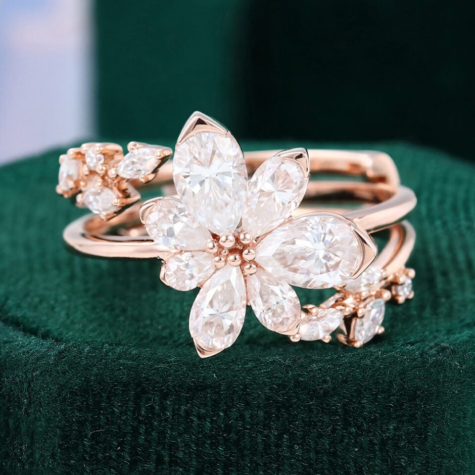 Pear Shaped Asymmetric Floral Cluster Moissanite Bridal Ring Set