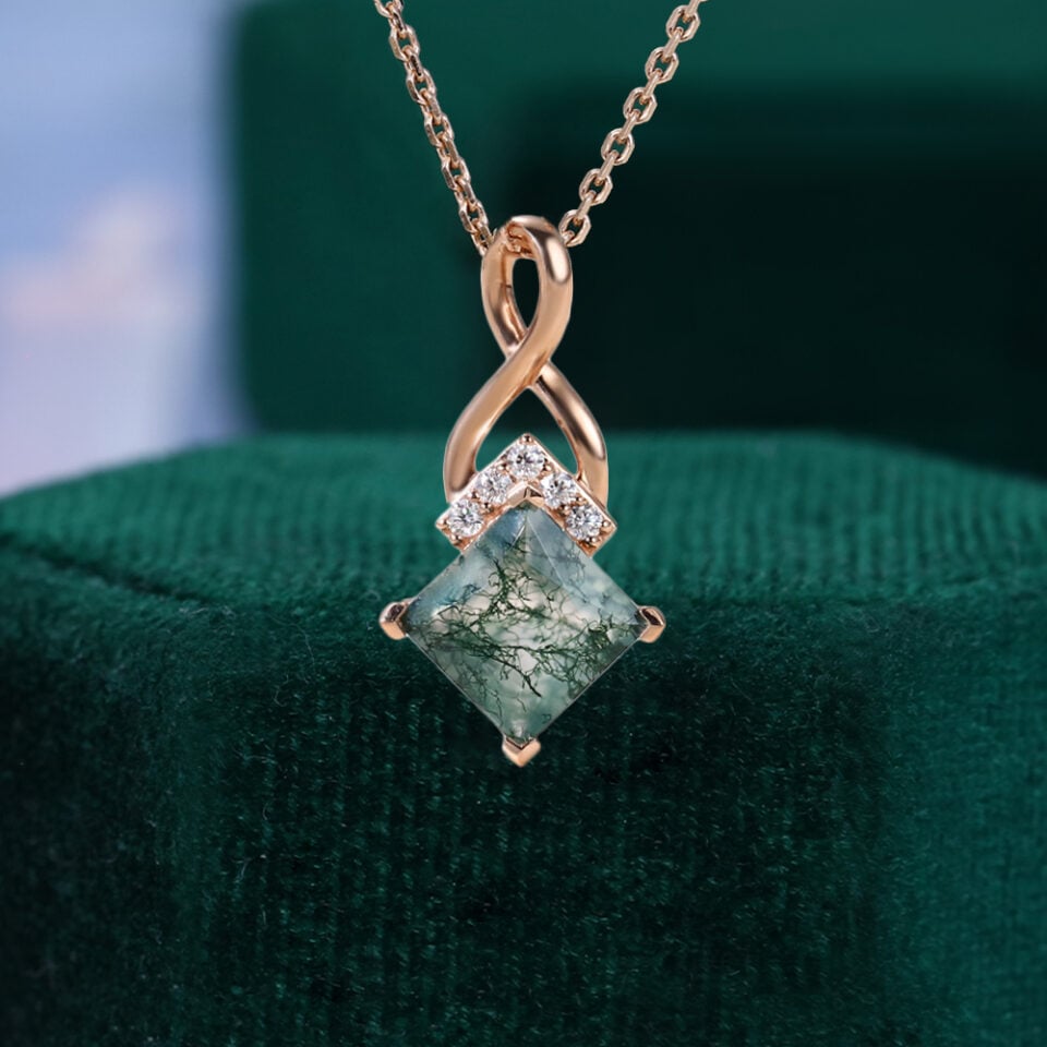 Princess Cut Moss Agate Infinity Pendant Necklace For Her