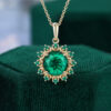 Round Cut Emerald Solar Halo Pendant Necklace For Women