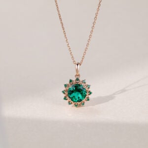 Round Cut Emerald Halo Pendant Necklace For Women