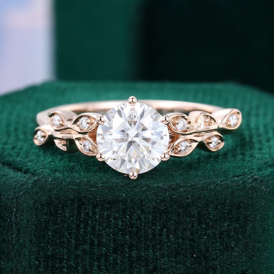 Round Cut Moissanite Engagement Ring Nature Inspired Leaf Ring