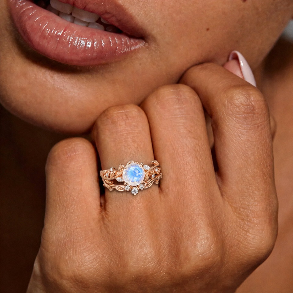 Round Cut Moonstone Engagement Ring Set Leaf & Vine Bridal Ring Set