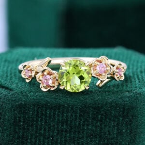 Round Cut Peridot Flourish Engagement Ring Nature Inspired Promise Ring