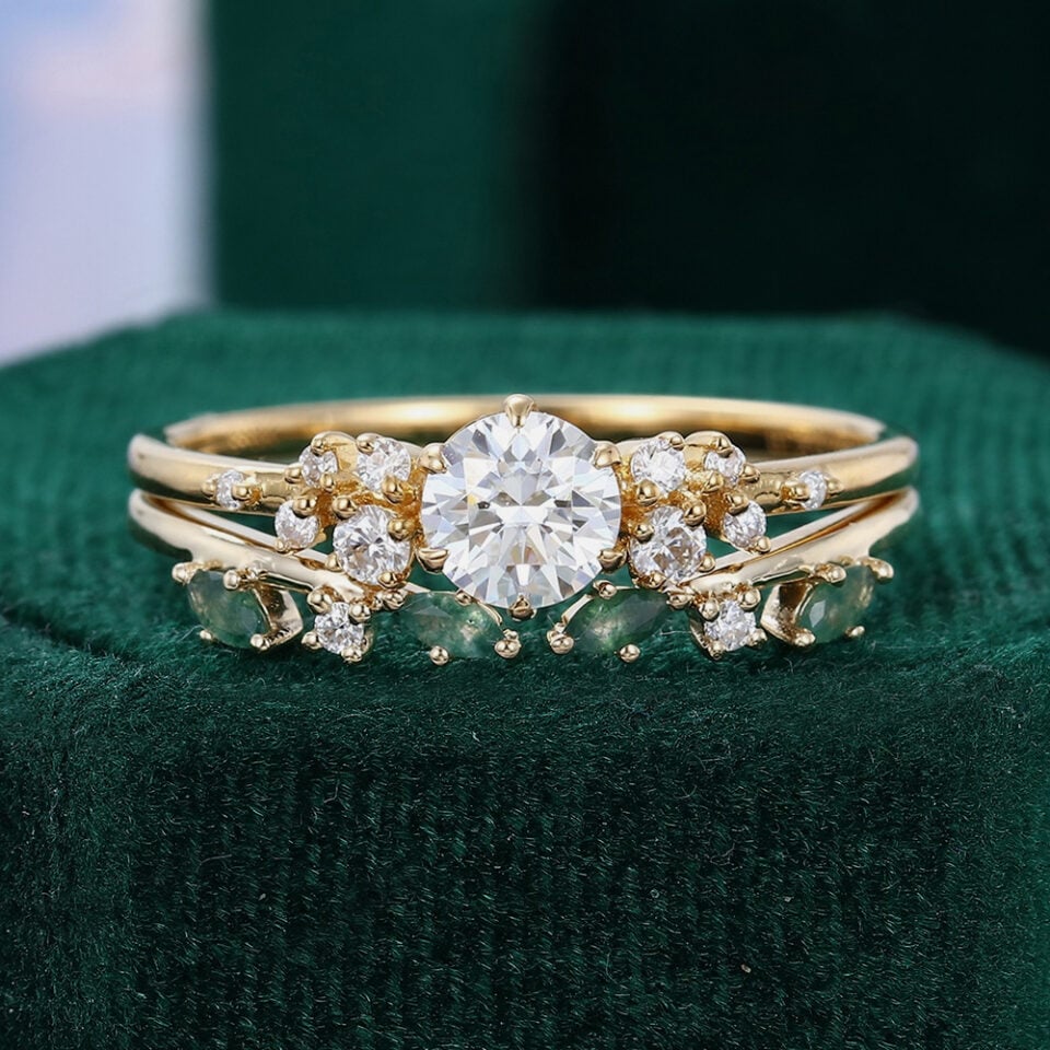 Round Shaped Moissanite Cluster Engagement Ring Set Moss Agate Accented Bridal Set