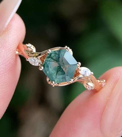 Hexagon Cut Moss Agate Promise Ring Nature Inspired Engagement