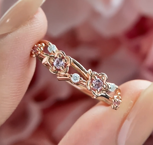 Pink Sapphire Cherry Blossom Curved Wedding Band | MollyJewelryUS