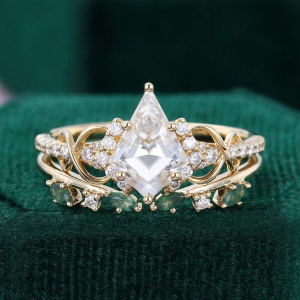 Unique Kite Cut Moissanite Engagement Infinity Moss Agate Accented Bridal Set