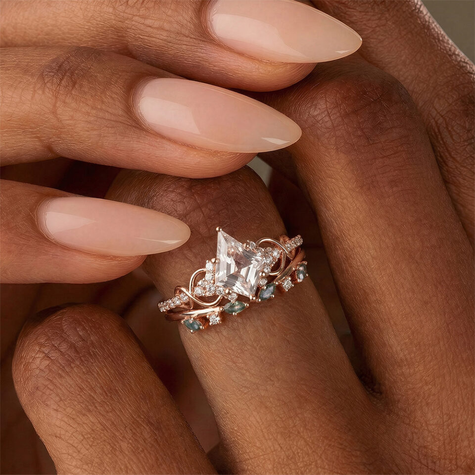 Unique Kite Cut Moissanite Engagement Ring Set Infinity Moss Agate Accented Bridal Set (3)