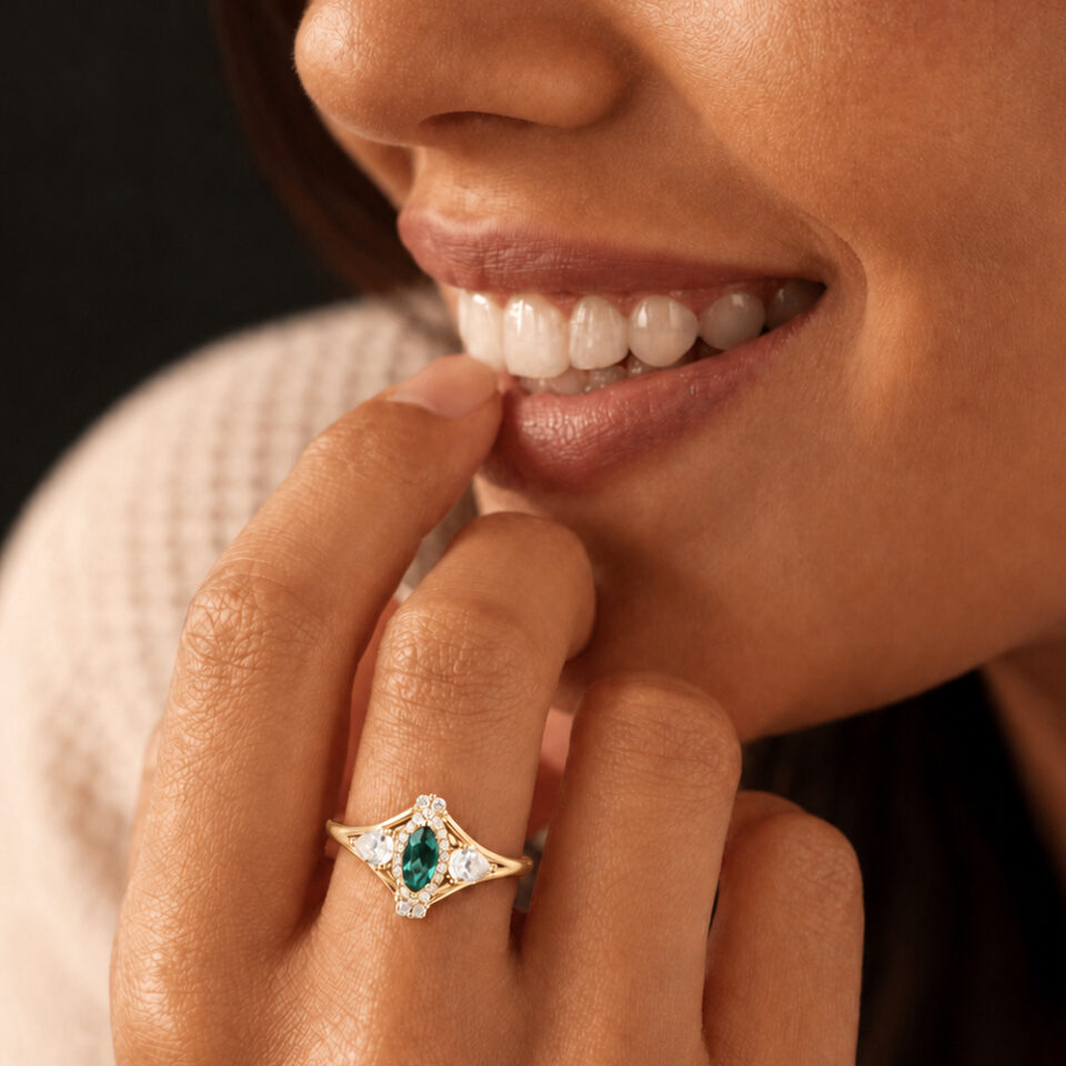 Unique Marquise Lab Emerald Engagement Ring Moissanite Accented Promise Ring