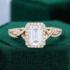 Vintage Emerald Cut Moissanite Halo Engament Ring with Crossover Shank & Inner Filigree
