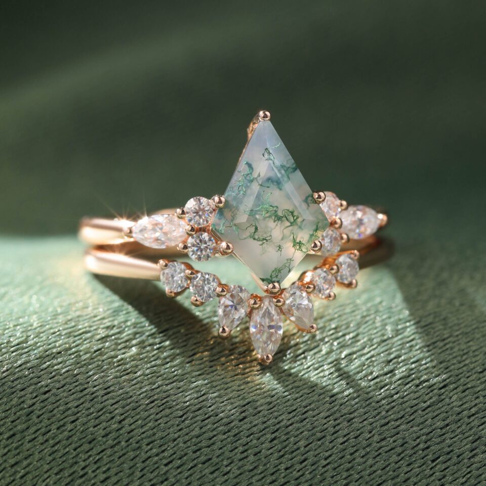 Kite Shaped Moss Agate Bridal Ring Set Moissanite Accented Wedding Set (1)