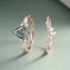 Kite Shaped Moss Agate Bridal Ring Set Moissanite Accented Wedding Set (3)