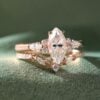 Marquise Cut Moissanite Engagement Ring Set with Carved Leaf Band