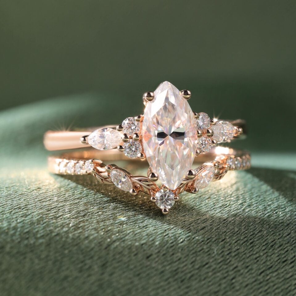 Marquise Cut Moissanite Engagement Ring Set with Carved Leaf Band