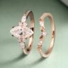 Marquise Cut Moissanite Engagement Ring Set with Carved Leaf Band