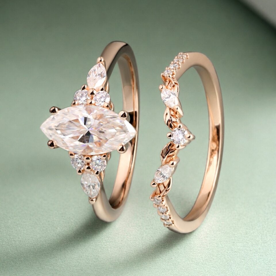 Marquise Cut Moissanite Engagement Ring Set with Carved Leaf Band