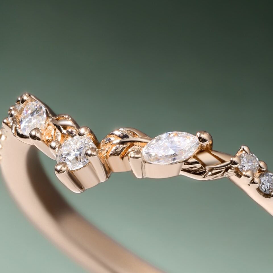 Marquise Cut Moissanite Wedding Band with Carved Leaf