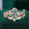 Pear Cut Moss Agate Bridal Ring Set Nature Inspired Leaf Ring Set