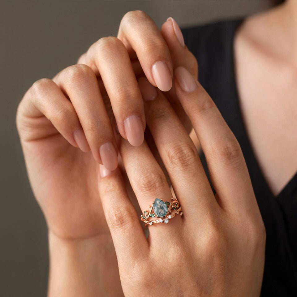 Pear Cut Moss Agate Bridal Ring Set Nature Inspired Leaf Ring Set (2)