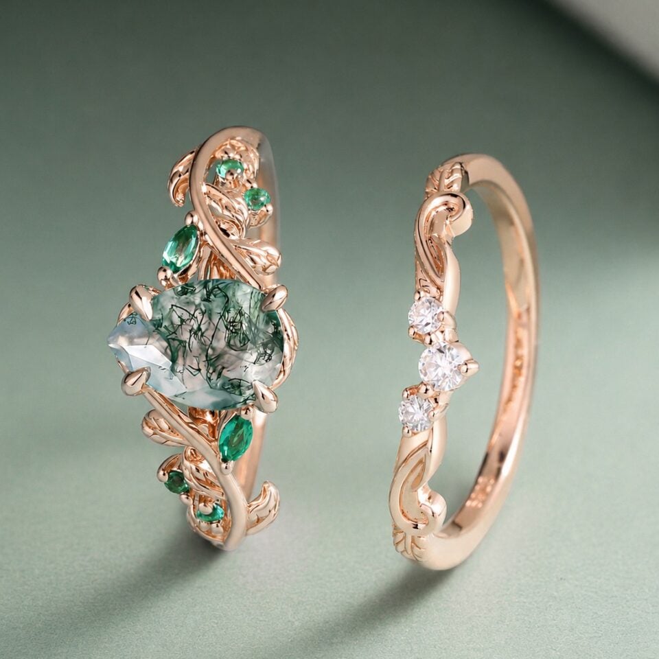 Pear Cut Moss Agate Bridal Ring Set Nature Inspired Leaf Ring Set (3)