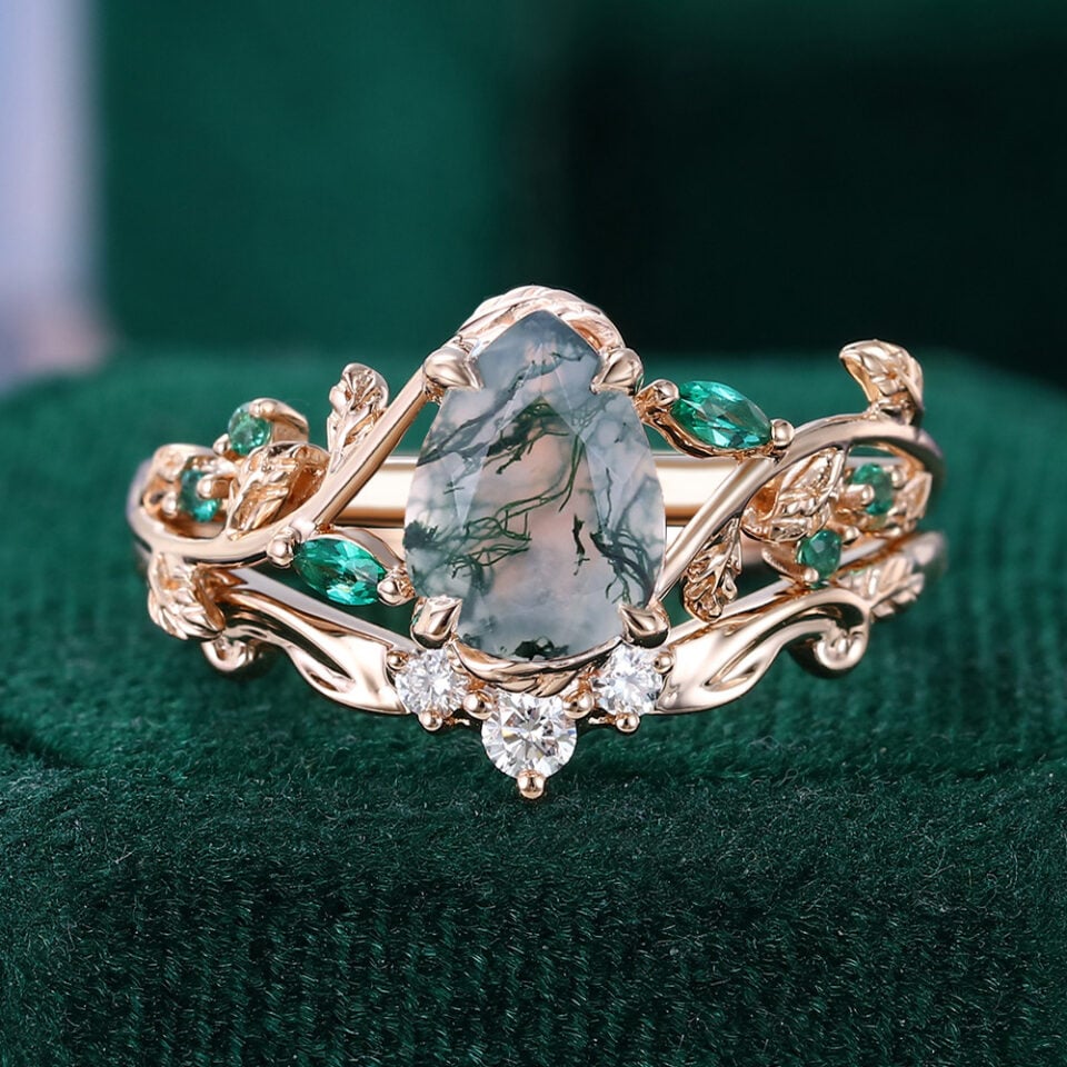 Pear Cut Moss Agate Bridal Ring Set Nature Inspired Leaf Ring Set