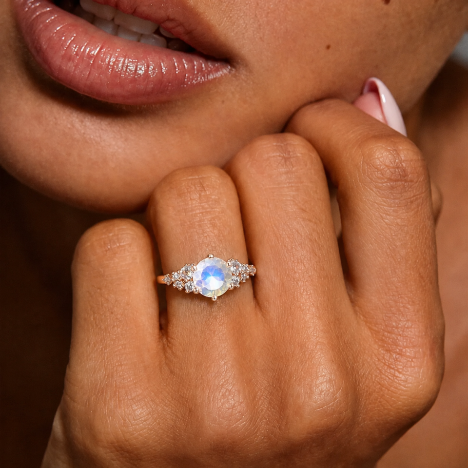 Round Cut Starlight Cluster Moonstone Engagement Ring