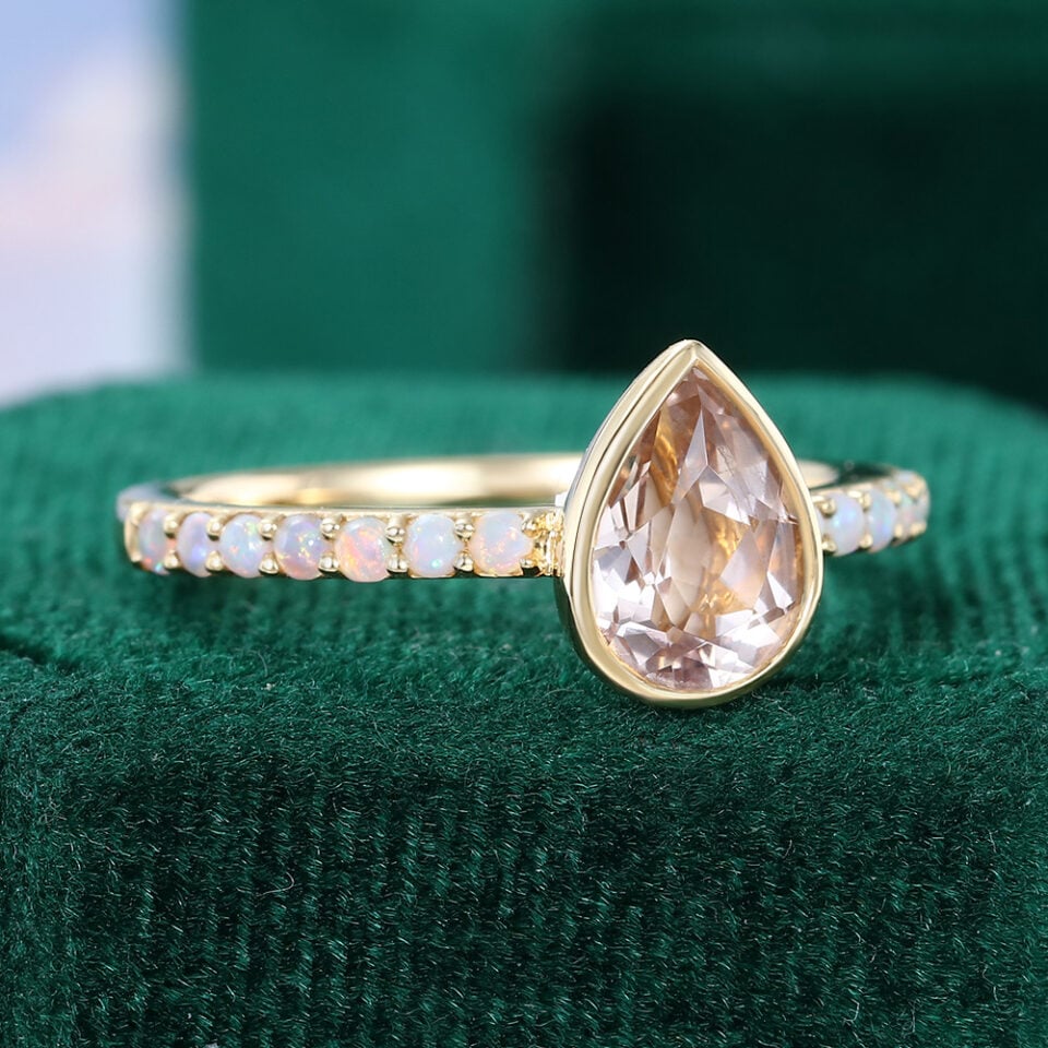 Bezel Set Pear Cut Pink Morganite Pavé Engagement Ring with Opal Accent (2)