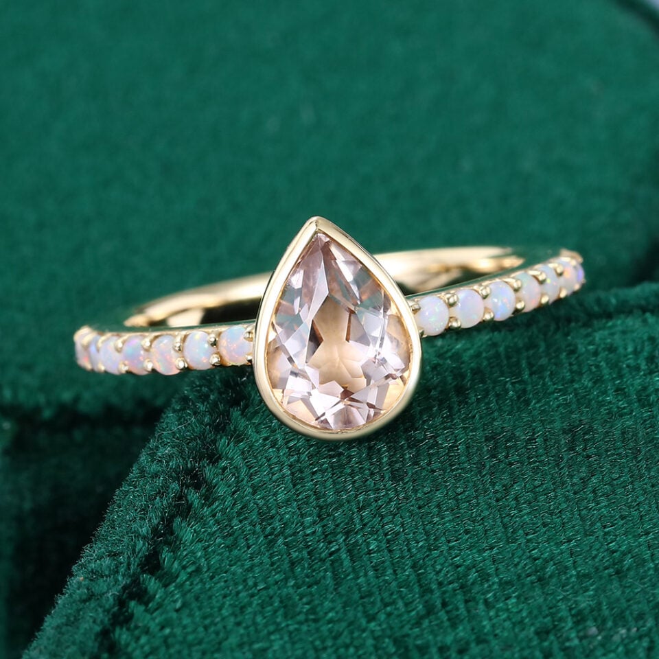 Bezel Set Pear Cut Pink Morganite Pavé Engagement Ring with Opal Accent (4)