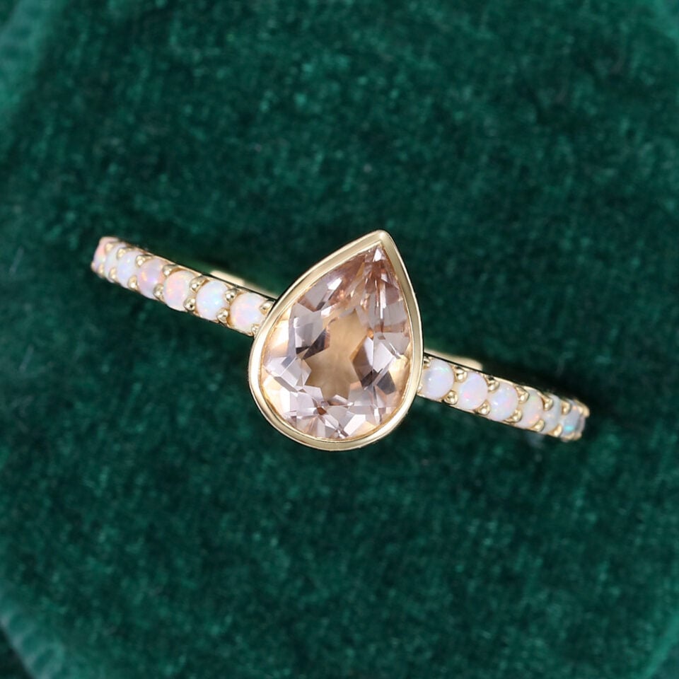Bezel Set Pear Cut Pink Morganite Pavé Engagement Ring with Opal Accent (7)