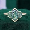 Elongated Hexagon Cut Moss Agate Promise Ring Art Deco Engagement Ring (1)