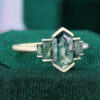 Elongated Hexagon Cut Moss Agate Promise Ring Art Deco Engagement Ring (2)