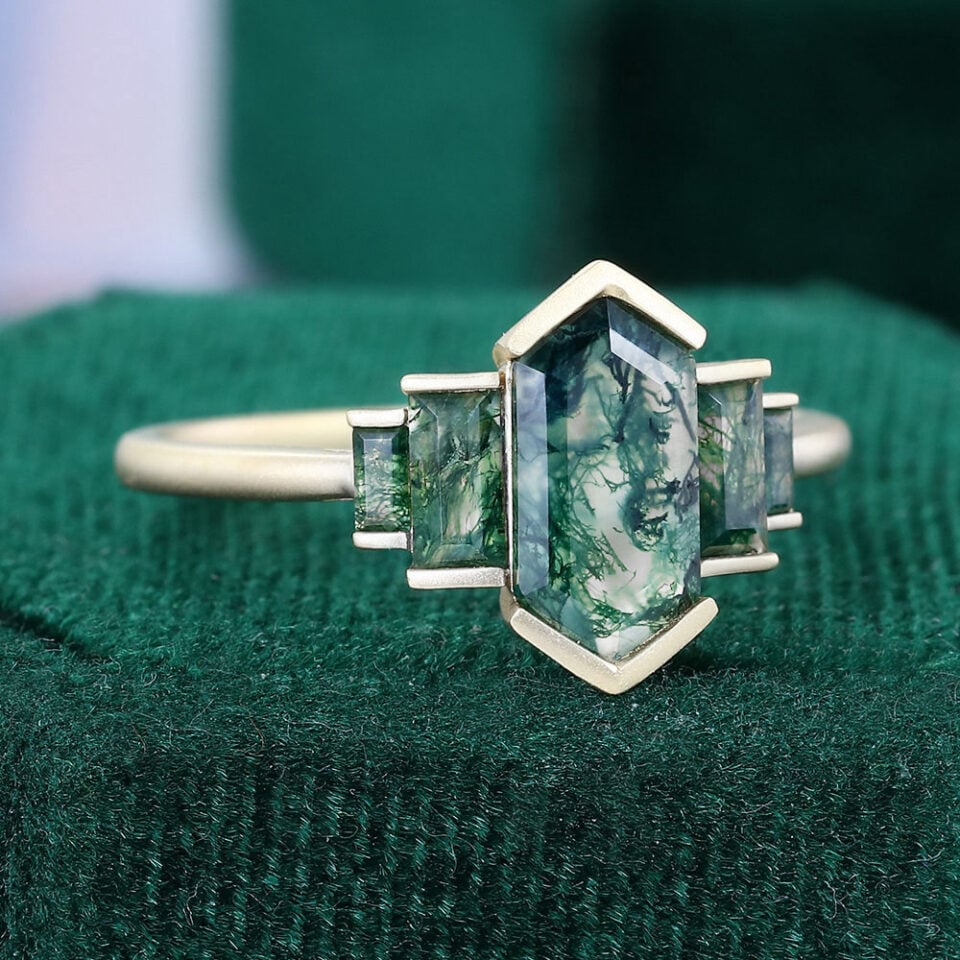 Elongated Hexagon Cut Moss Agate Promise Ring Art Deco Engagement Ring (2)
