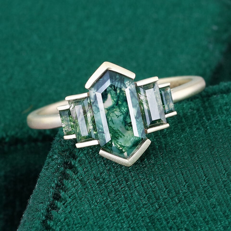 Elongated Hexagon Cut Moss Agate Promise Ring Art Deco Engagement Ring (3)