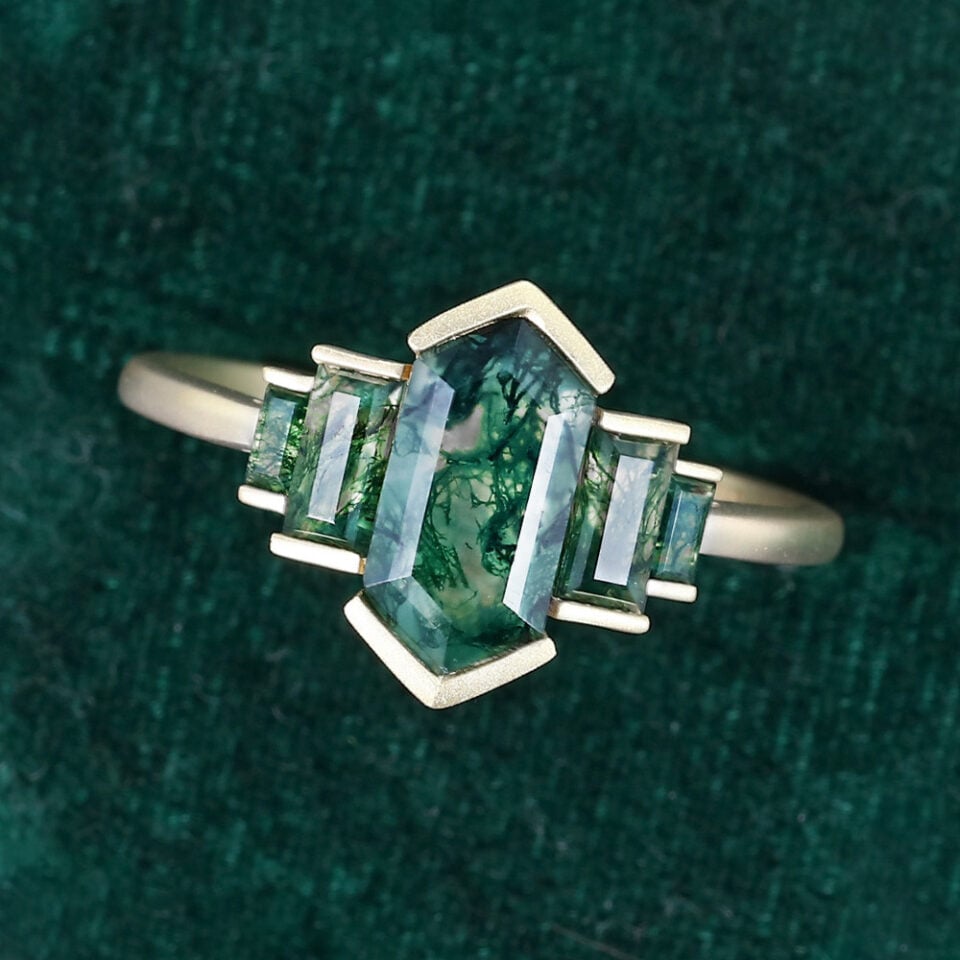 Elongated Hexagon Cut Moss Agate Promise Ring Art Deco Engagement Ring (5)