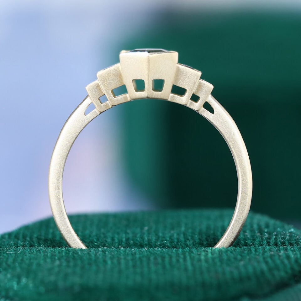Elongated Hexagon Cut Moss Agate Promise Ring Art Deco Engagement Ring (6)