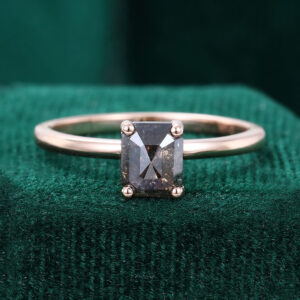 Emerald Cut Salt & Pepper Diamond Solitaire Engagement Ring