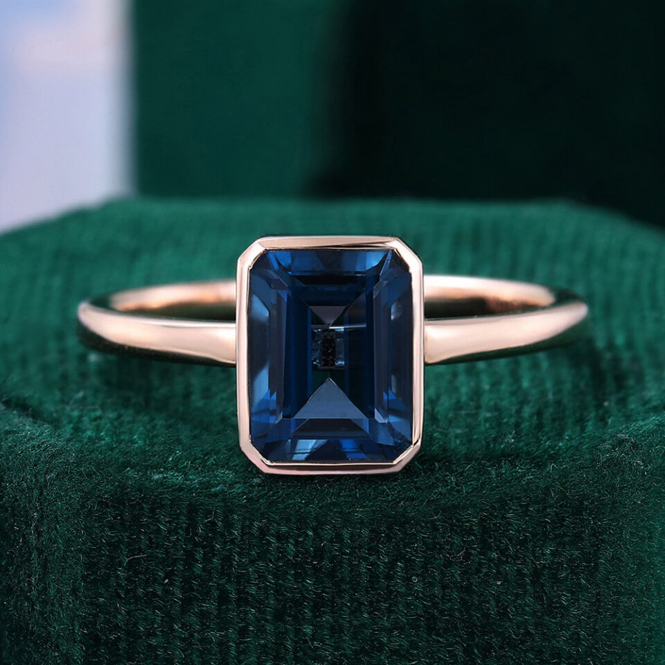 Emerald cut london blue topaz promise ring bezel solitaire engagement ring