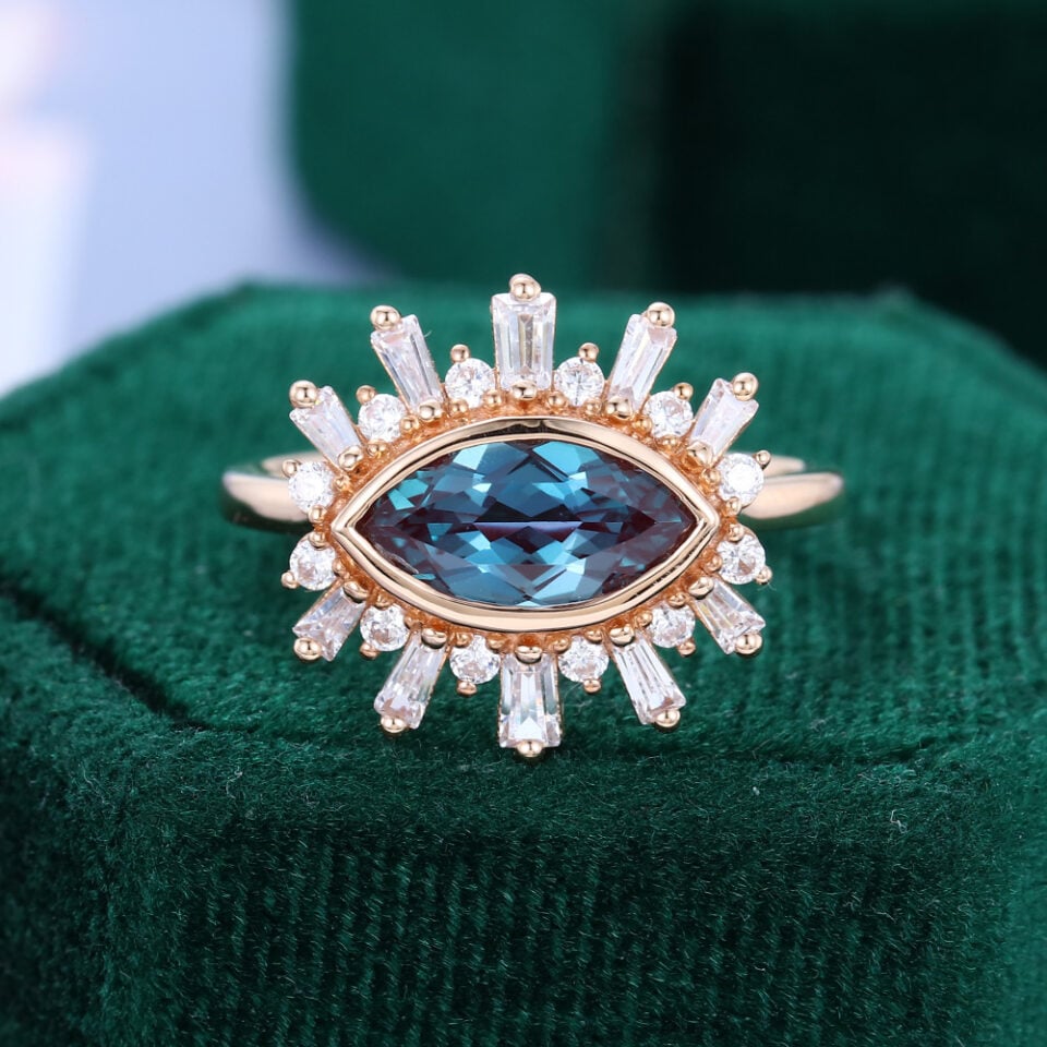 Horizontal Marquise Cut Alexandrite Engagement Ring Unique Halo Promise Ring