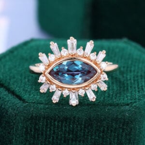 East-West Marquise Cut Alexandrite Engagement Ring Halo Promise Ring