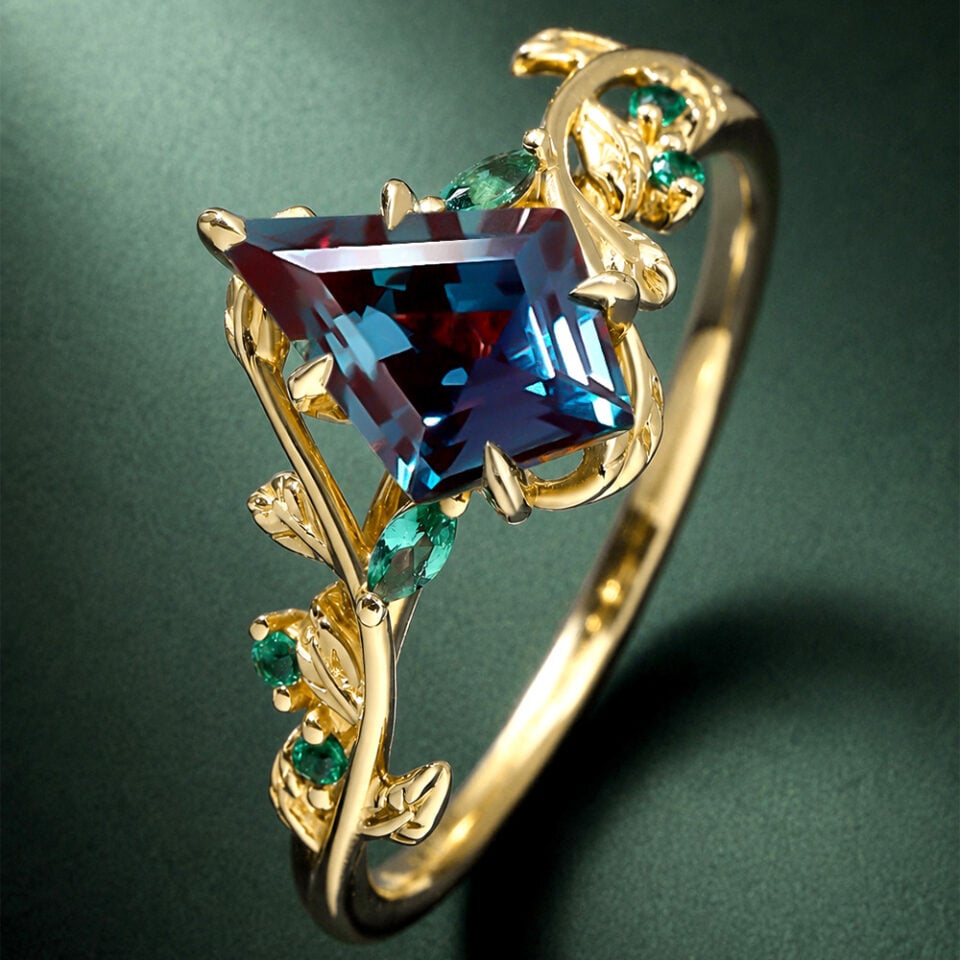 LeafLace Kite Cut alexandrite Engagement Ring with Emerald Accents (1)
