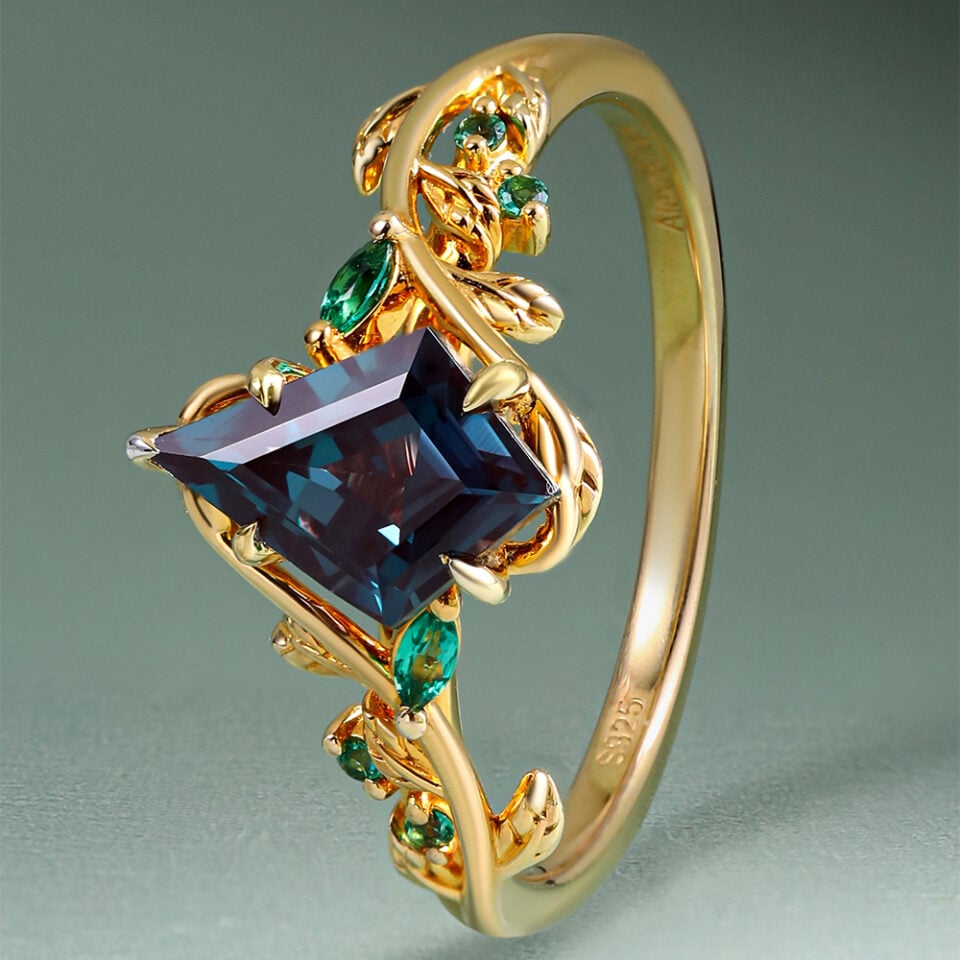 LeafLace Kite Cut alexandrite Engagement Ring with Emerald Accents (10)