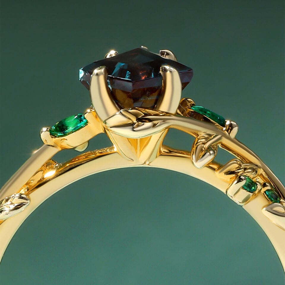 LeafLace Kite Cut alexandrite Engagement Ring with Emerald Accents (11)