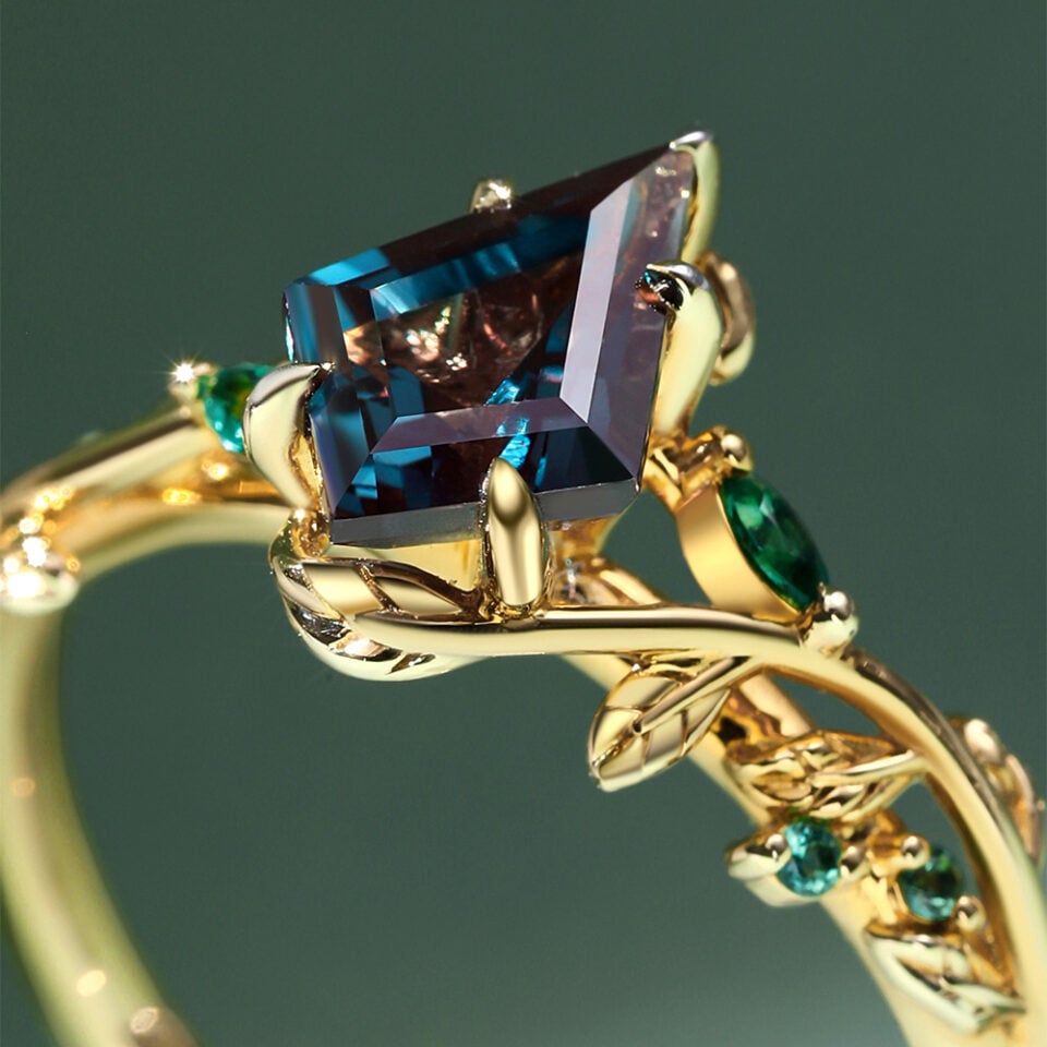 LeafLace Kite Cut alexandrite Engagement Ring with Emerald Accents (12)