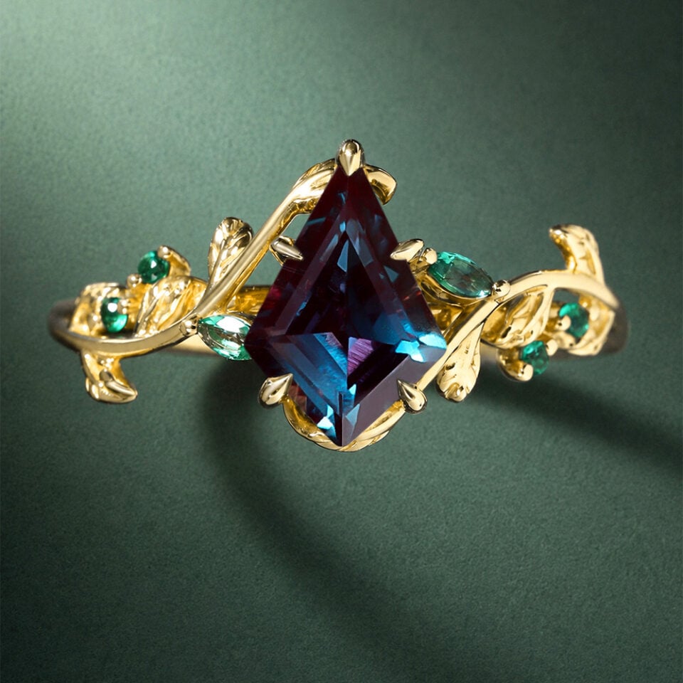 LeafLace Kite Cut alexandrite Engagement Ring with Emerald Accents (8)