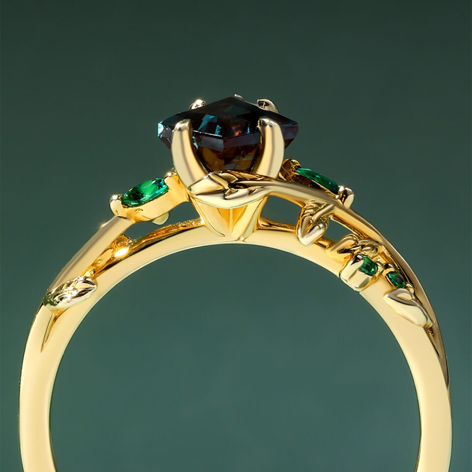 LeafLace Kite Cut alexandrite Engagement Ring with Emerald Accents (9)