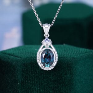 Oval Alexandrite Pendant Necklace For Women with Tanzanite Accent