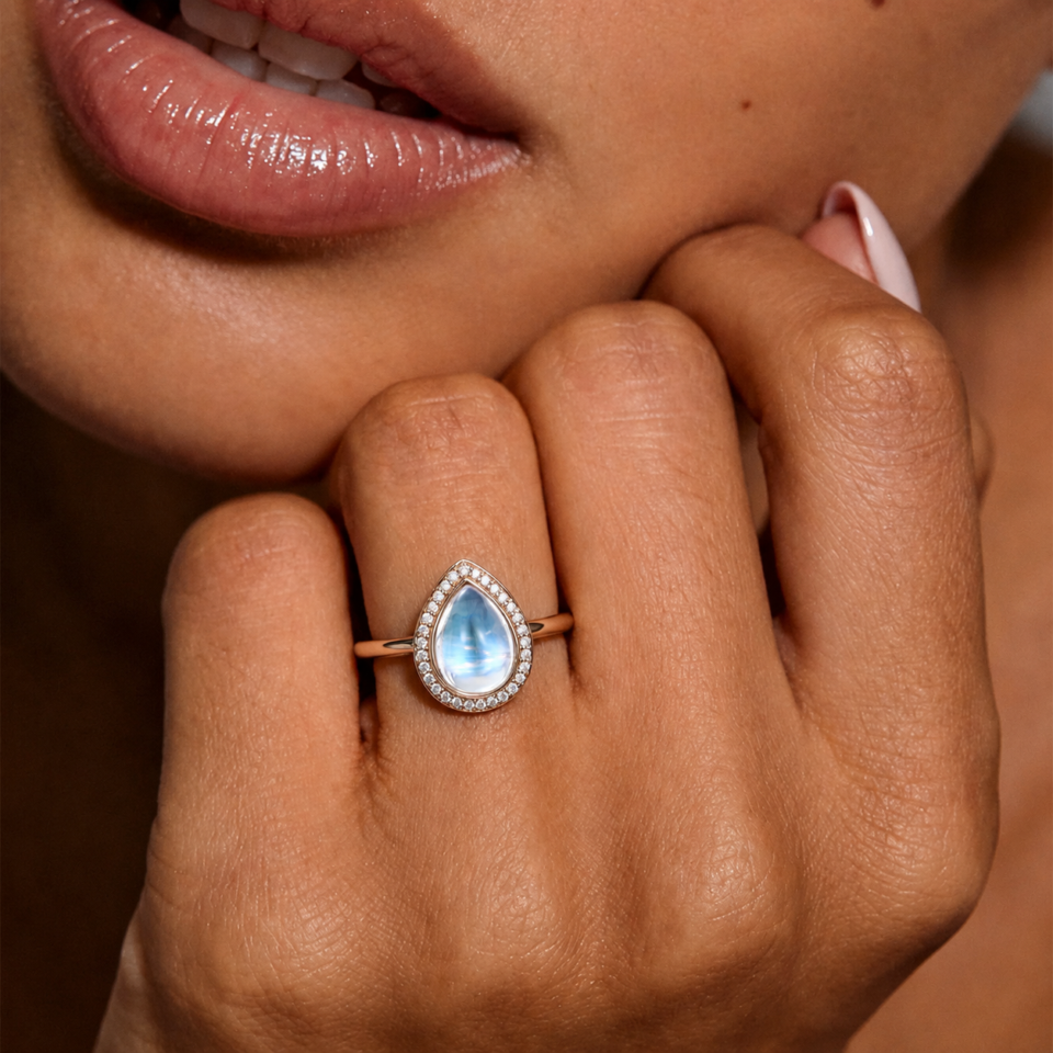 Pear Cut Moonstone Halo Engagement Ring
