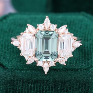 Green Sapphire Three Stone Cluster Vintage Engagement Ring