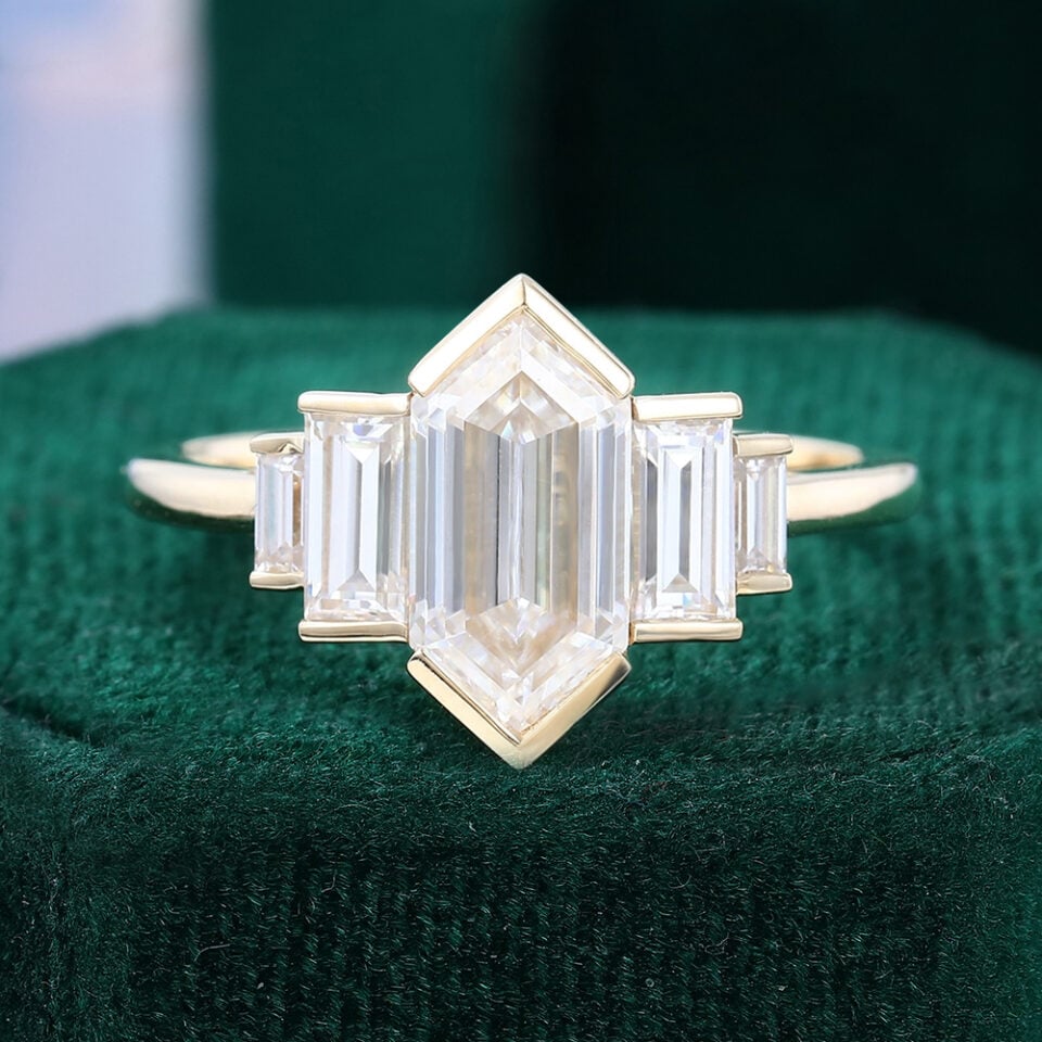 Art Deco Elongated Hexagon Cut Moissanite Engagement Ring